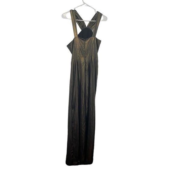 Parker Black Gold Metallic Halter Maxi Gown Asymmetrical Formal Dress 6 - Picture 9 of 16